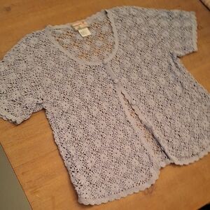 April Cornell Blue Floral Crochet Cottage-core 100% Cotton Cardigan (Size L)